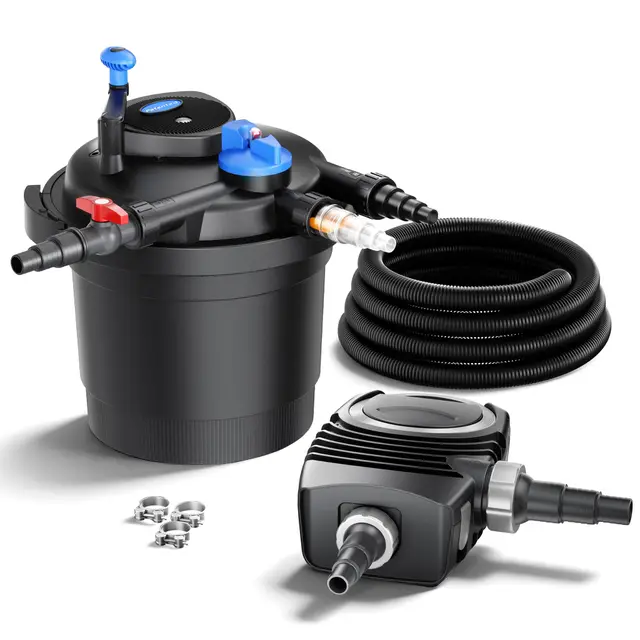 SunSun Kit complet: CPF-5000 Filtre de bassin à pression jusqu’à 9000 L avec 11 Watt lampe uv, NEO-2800 SuperECO pompe 3000l/h 10W, 5m Tuyau 38 mm (1 1/2"), collier de serrage W1 44-47mm