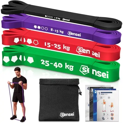 SENSEI Élastique Musculation – Bande Élastique Fitness pour Traction & Gym – en Latex Naturel – Inclus Guide, E-Book & Sac de Transport