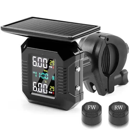 KAOLALI Système de Contrôle de Pression des Pneus Moto TPMS, Moto sans Fil Recharge Solaire/USB TPMS pour Motos avec écran LCD 2 capteurs externes étanches