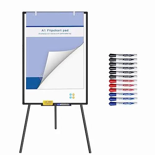 VIZ-PRO Tableau Blanc Magnétique sur Pied 90x60 cm Noir, Hauteur Réglable, Portable Léger, Effaçable à Sec, pour Bureau, École, Maison, Comprenant 14 Marqueurs