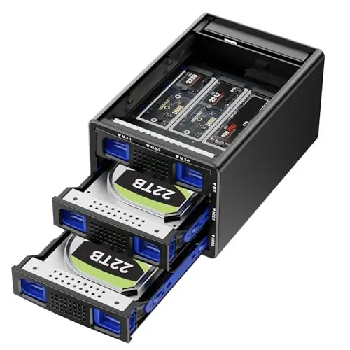 Boîtier NVMe Hybride 2*3.5 HDD+3*M.2 avec Ventilateur pour 2.5/3.5" SATA HDD/SSD, Boîtier Raid USB3.2 Gen2 10Gbps supportant 2230/42/60/80/110 SSD avec Capacité de 68TB (2*22TB HDD+3*8TB M.2)