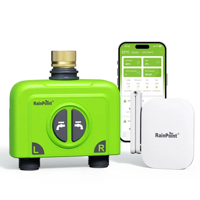 RAINPOINT Programmateur Arrosage WiFi 2 Voies avec Entrée en Laiton, Smart Minuteur Arrosage Automatique, Passerelle D'antenne RF 200m, Via APP/vocale, Retard de Pluie/Manuel, 2x6 Programmations