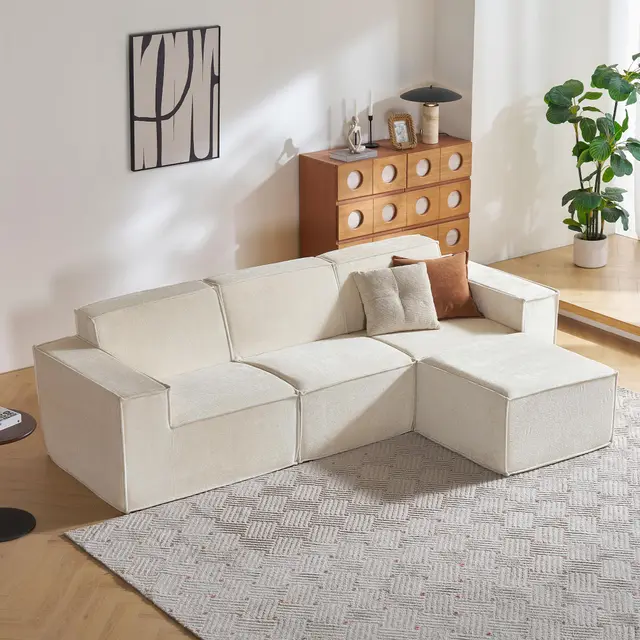 LINSY HOME Canapé d'angle avec Fonction Convertible, 266 cm, canapé modulaire, en Forme de L, canapé sectionnel, pour Salon, Pas de Montage nécessaire (Chenille, Blanc, 3 sièges avec méridienne)