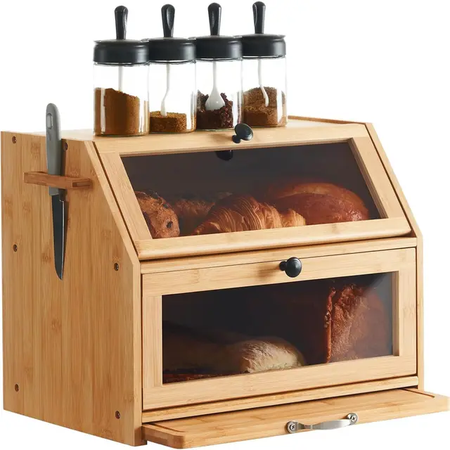 Youdenova Boîte à pain en bambou écologique - Avec planche à découper - Boîte de rangement - Pour pain, pain grillé - 39 x 26 x 32,5 cm (L x l x h) - Naturel