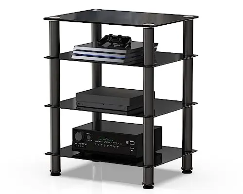 FITUEYES Meuble HiFi à 4 Niveaux en Verre Trempé Noir, Hauteur Réglable avec Pieds de Nivellement, Meuble Vinyle 60 × 46 × 77 cm, Charge Maximale 40 kg, Convient pour Ampli/Platine.