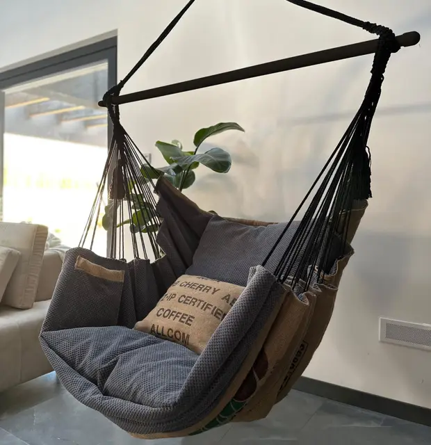 Izabell® Chaise hamac avec Grands Coussins – Fauteuil Suspendu XXL et hamac pour intérieur & extérieur – Coffee Swing en Sacs de Jute de torréfacteurs de café