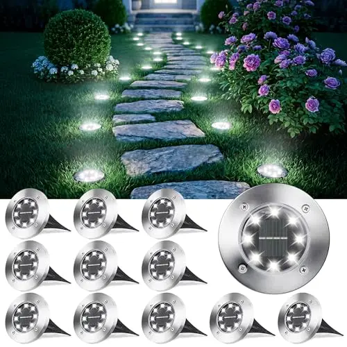 Joomer Lumière Solaire Extérieur, [12 Pièces] Lampe Solaire Au Sol Jardin Blanc, 8 LED 6000K Etanche IP65 Spot Solaire Extérieur Encastrables Éclairage pour Chemins Pelouse Terrasse Cour Piscine