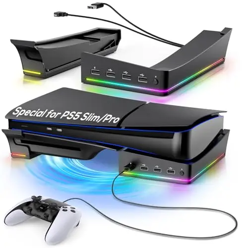 FYOUNG Support Horizontal pour PS5 Slim/Pro avec lumière RVB, Support de Base Stable pour PlayStation 5 Slim/Pro Disc/Digital Editions avec 4 Ports Hub USB et 14 lumières colorées Accessoires - Noir