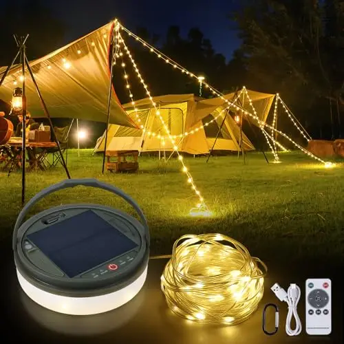 SMY Guirlande Lumineuse Camping Enroulable, 13M 160LED, 3600mAh, Rechargeable par Énergie Solaire et USB, Portable Lampe Guirlande Camping avec Télécommande pour Tente Randonnée Jardin Cour