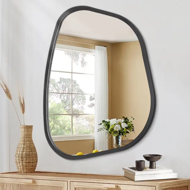 Miroir asymétrique pour Mur Ovale irrégulier avec Cadre en Bois Moderne Unique Miroir Mural décoratif pour Salle de Bain, Salon, Chambre à Coucher, entrée, Couloir, Petit Miroir Artistique