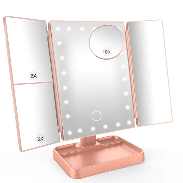 SURFOU Miroir de Maquillage Lumineux Professionnel - Miroir Tripliant Pliable avec 24 LEDs, Grossissement 1X/2X/3X/10X, Écran Tactile, Rotation 180°, Alimentation Double (USB/Batterie) - Or Rose