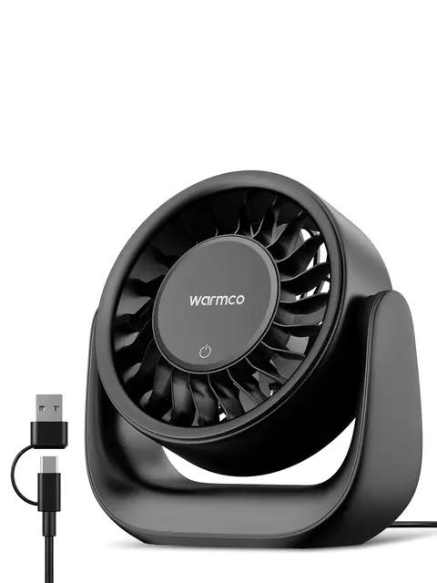 Warmco Ventilateur de Bureau USB Tactile, (Alimentation USB Seule) Petit Ventilateur Personnel, Prise USB-A & USB-C, 3 Vitesses, Flux d'Air Puissant, Silencieux pour Maison Bureau