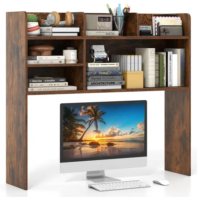 GOPLUS Etagere Bureau a Poser sur Meuble, 94 x 24 x 85 CM, Bibliothèque Bureau en Bois avec 6 Compartiments Ouvert et Ajustable, Kit Anti-Basculement, Pieds Antidérapants, Idéal pour Cuisine (Brun)