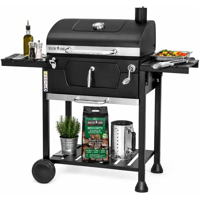 BRIGROS La voglia di fare MasterCook Barbecue à charbon en acier avec roues robustes et stables avec double grille, thermomètre et réglage panier barbecue, barbecue charbon avec étagères latérales