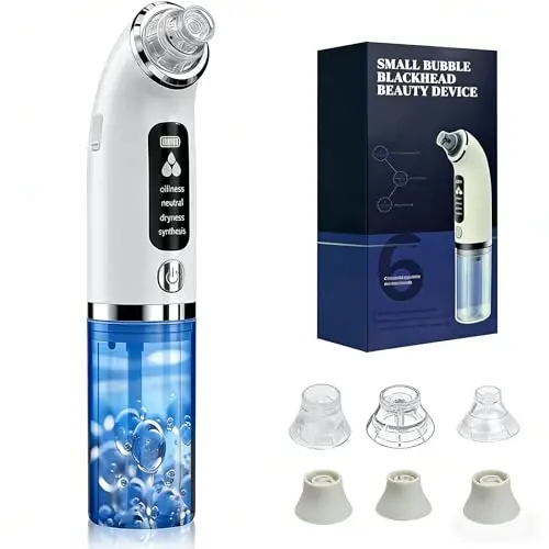 Aspirateur Pour Points Noirs, Extracteur Points Noirs Visage pour le Nettoyage du Visage, Traitement de l'acné et Soins de la Peau, 4 Modes, 6 Sondes et Réservoir d'eau Visible, Rechargeable-Blanc