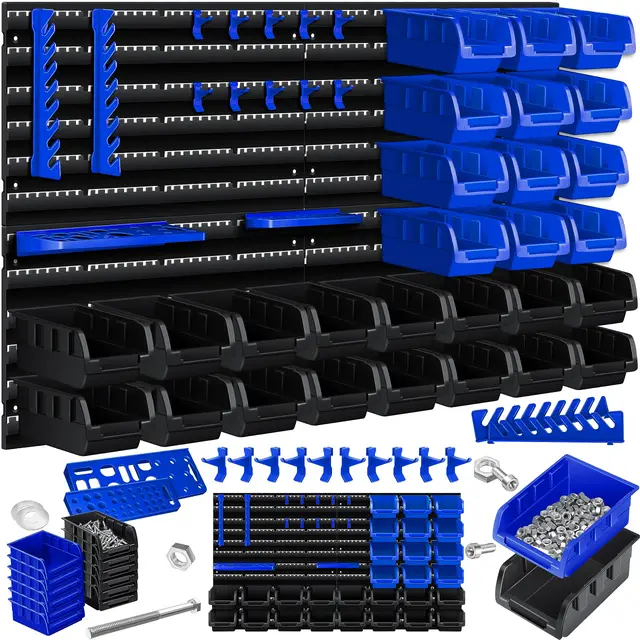 Masko® Tablette Murale + Boîtes empilables + Boîtes à Outils, Extensible, Tablette d'atelier, Tablette de Rangement, Boîtes de Rangement Visibles, 45 pièces - Noir/Bleu