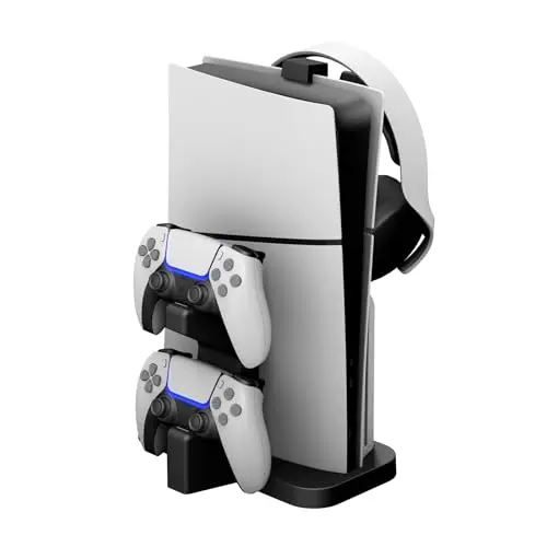 NBCP P5 Vertikalständer mit Ladestation | Lädt zwei DualSense-Controller gleichzeitig | Inklusive Headset-Halterung | Integrierter Kühl- und Aufbewahrungsständer für PS5 Slim/PS5 Pro(Schwarz)
