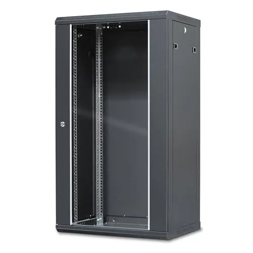 WAYTEX 37406M Coffret Armoire Réseau 19 Pouces 22U – L 600 x P 450 x H 1082mm – Mural ou posé sur Pieds Fournis - Porte vitrée à Serrure - Couleur Noir – Livré Monte