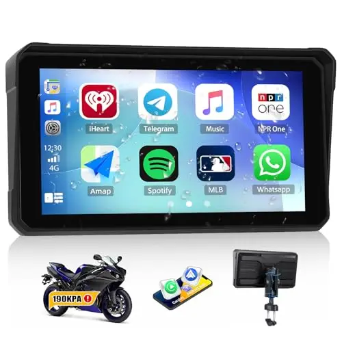 GPS CarPlay Écran pour Moto avec TPMS Système, CarPlay sans Fil Android Auto, Appareil de Navigation pour Moto étanche IP68 6 Pouces avec Bluetooth Mirror Link Siri EQ