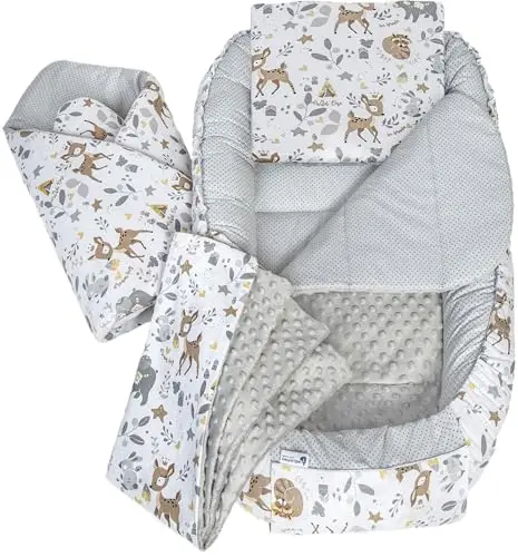 Medi Partners Reducteur de Lit Bebe - Réducteur Bébé 100x60x15cm 5 éléments Cocon et Naissance Nid d'ange bilatéral Cale 100% Coton Minky (Cerf avec Minky Gris)