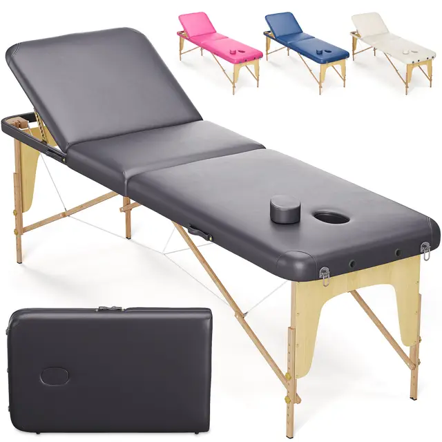 BELTOM® Table de Massage Basic 3 Zones Portables 185 x 60 cm. pour physiothérapie - Leger ne pèse Que 14,3 kg. - Cosmetique lit esthétique Pliante avec Panneau Reiki - Noir