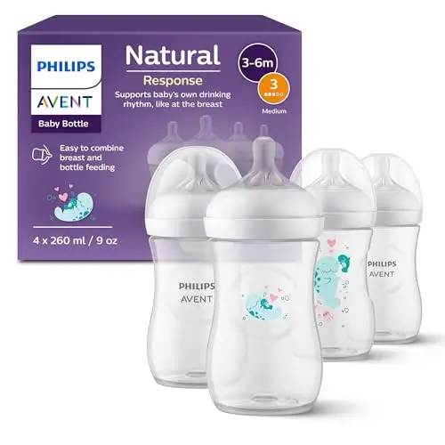 Philips Avent Natural Response - coffret cadeau : 4 biberons Natural Response 260 ml avec tétines T3 (1 mois et plus) (modèle SCY903/61)