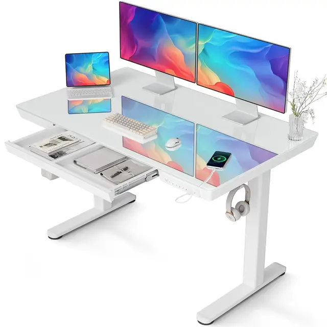 Claiks Bureau réglable en Hauteur avec Plateau en Verre Monobloc 120 x 60 cm, Bureau Debout électrique, avec tiroir, Fonction mémoire et Protection Contre Les collisions, Blanc