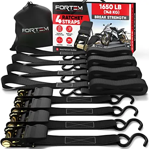 FORTEM Sangles d'Arrimage, Résistance 748 kg, 4 Sangles de Remorquage de 4,5 m, 4 Boucles Souples, Sangles Arrimage Moto, Anse Caoutchouc, Crochets Métal Enduit, Sac de Transport (Noir)