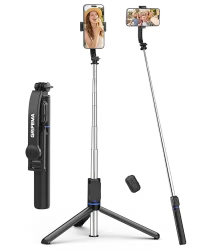 GRIFEMA Perche Selfie Trépied pour Smartphone, Extensible 107cm avec Télécommande Amovible, Support Rotatif 360° pour iPhone 17/16/15/14 Pro & Android, Selfie Stick Portable pour Vlogging