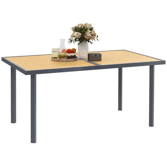 Outsunny Table à Manger de Jardin pour 6 Personnes, Table de Jardin avec Plateau Effet Bois rectangulaire en Acier Anti-Rouille pour Patio, terrasse, 150 x 90 x 72 cm, Bois Naturel
