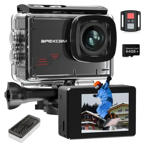 Apexcam Caméra Sport 4K 60FPS 64MP Caméra Étanche 40M Action Cam WiFi avec Micro SD 64GB Écran Tactile Stabilisateur EIS avec Kits d'accessoires pour Sports Extrêmes et Loisirs (M80 avec 64GO)