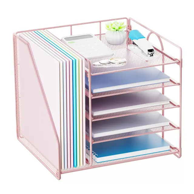 Organiseur de Bureau à 5 Niveaux – Rangement de Documents avec Porte-Fichiers, Corbeille à Courrier en Maille Métallique – Rose
