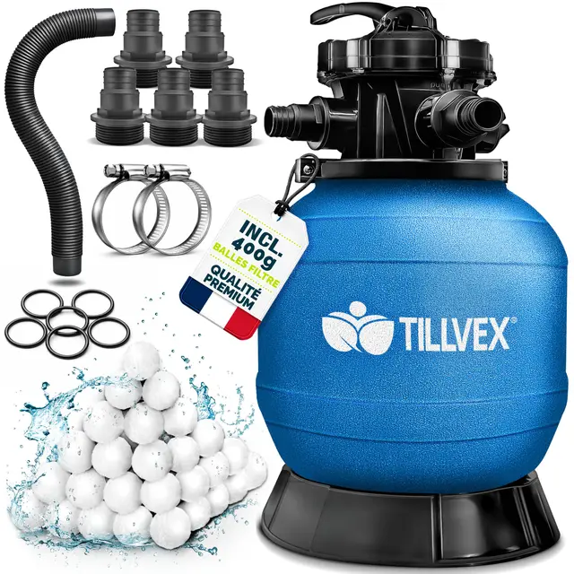 tillvex® Filtre à Sable pour Piscine sans Pompe + Billes filtrantes jusqu'à 21 m³ (21.000 litres) | Cuve Filtre Piscine INCL. Adaptateur Ø32-38mm | Vanne 7 Voies, manomètre & Tuyau d'aspiration