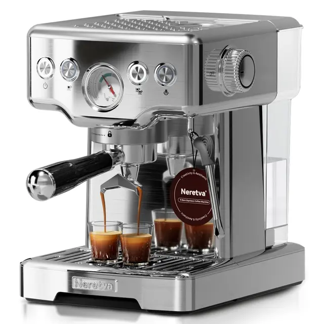 Neretva Machine à Café, Cafetière Expresso 15 Bars avec Manomètre Visible Expresso Machine à Café en Acier Inoxydable 1,8 L avec Mousseur à Lait Puissant pour Espresso, Cappuccino, Latte & Macchiato