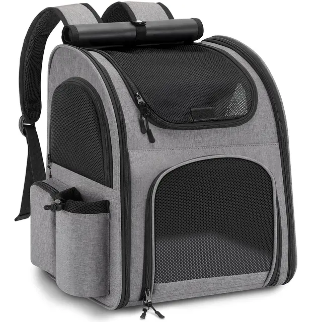 Sac à Dos Chat Chien, Charge Maximale 10kg Sac Transport Chat Chien, Sac a Dos pour Chiens Chat avec Fenêtre en Maille, Spacieux Sac Voyage Chiens Chat Laisse et Tapis Intégrés - Gris