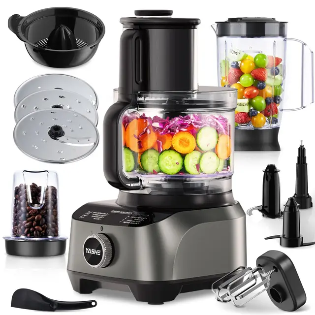 YASHE Robot Cuisine Multifonctions, 2,5L Bol & 1,5L Jarre, Mixeur, Grinder, Extracteur de Jus, Pétrin, Hachoir, Trancheur & Râpe, 3 Vitesses + Pulse, Verrou de Sécurité, 1300W