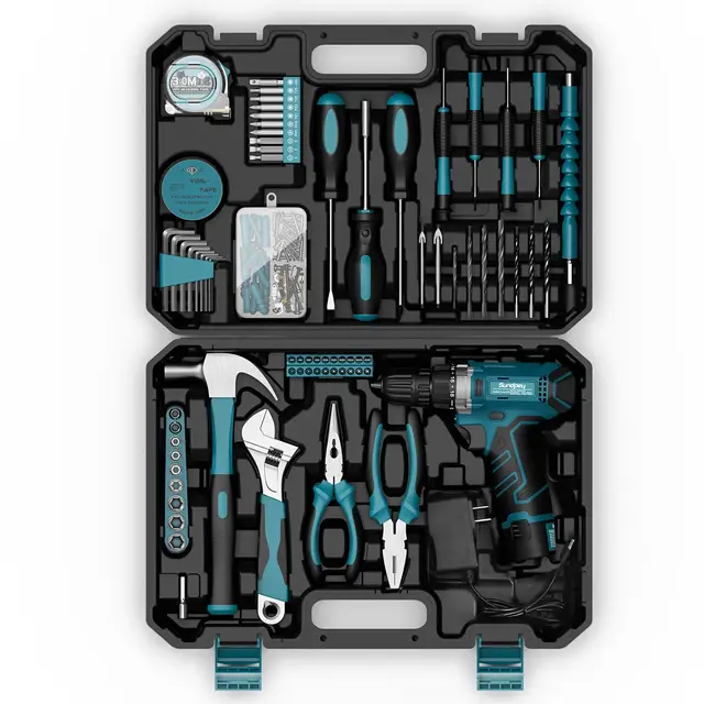 Sundpey Caisse a Outil 206 Pcs, Visseuse Devisseuse Sans Fil 12V pour Serrer/Desserrer des vis, Malette Outils avec Perceuse-Visseuse pour Bureau, Réparation à Domicile avec Tournevis et Pinces, Bleu