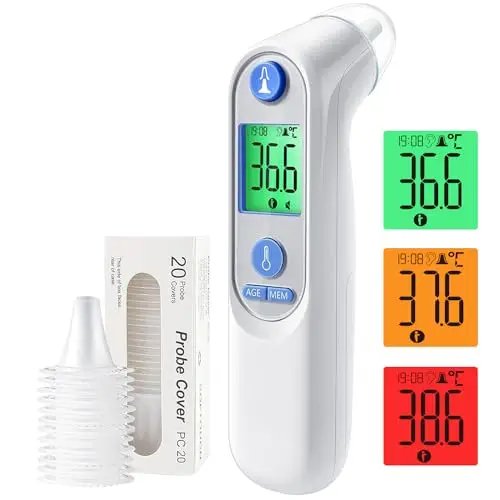 Viproud Thermomètre Auriculaire Haute Précision pour bébé, Thermomètres Médicaux et accessoires | Mesure rapide en 1 seconde | Indicateur sonore de fièvre | 21 Embouts pour thermometre bebe (Blanc)