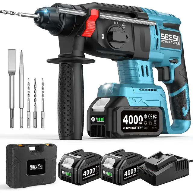 SEESII Marteau Perforateur Sans Fil: 600W, 2,5J D'Énergie D'Impact, Brushless, 3 Fonctions, SDS-PLUS, 2x 4,0Ah Batteries, Chargeur, Forets, Burins, Idéal Pour Le Bricolage Et Les Rénovations