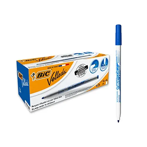BIC Velleda 1721 - Feutres pour Tableau Blanc Effaçables à Sec Pointe Conique Fine - Marqueurs Parfaits pour l'Ecole et au Bureau - Bleu, Boîte de 24