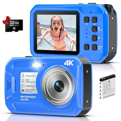 Appareil Photo Etanche Caméra sous-Marine 2,7k Caméra imperméable Full HD 64 MP 16ft pour plongée en apnée, écran de 2,7 Pouces 16x Zoom numérique et Carte de 32 Go