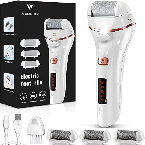 Rapeuse Pieds Electrique,Vxdoirk Rappe Pieds Pédicure Professionnel Rechargeable IPX5 Etanche, Rappe Ponceuse Pieds Electrique 2 Vitesses 3 Rouleaux Lumière LED Couvercle de Protection