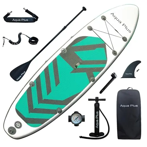 Aqua Plus Sup Gonflable de 15 cm d'épaisseur pour Tous Les Niveau x de compétence Planche à pagaie Debout, pagaie, Pompe, Sac à Dos de Voyage ISUP, Laisse, bandoulière, Jeune, Adulte