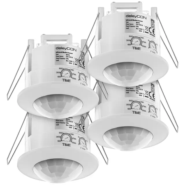 deleyCON 4X Infrarouge Détecteur de Mouvement Encastré Montage au Plafond Intérieur Contrôle des Feux Zone de Travail à 360° Portée de 6m Capteur de Lumière Intégré Blanc