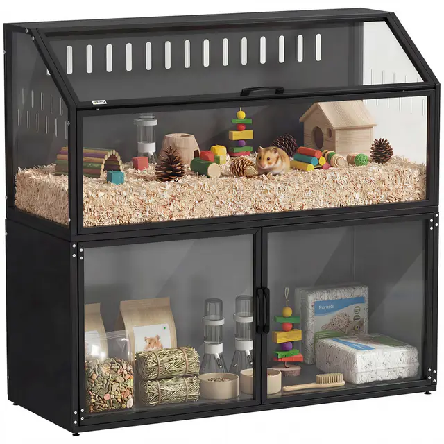 PawHut Cage Hamster 2-en-1 avec Armoire de Rangement - Habitat Géant 104cm pour Rongeur Acier Résistant aux Morsures et Acrylique Transparent - Grande Cage Design pour Hamster Syrien et Souris, Noir