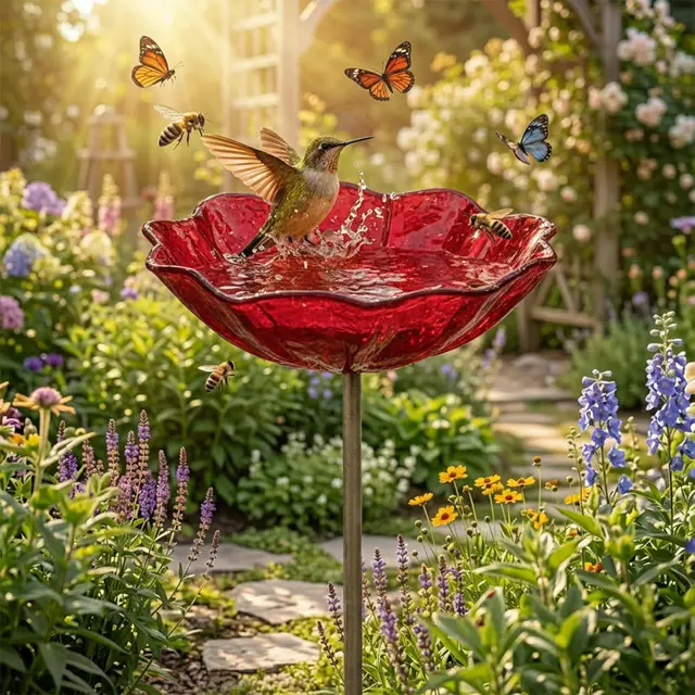 Abreuvoir Oiseaux sur Tige en Forme de Fleur, Abreuvoir Abeilles Métal 60cm, Bain d’Oiseaux Extérieur Épaisseur 3mm, Piquet de Jardin Fleur Fait Main, Mangeoire Oiseaux et Insectes
