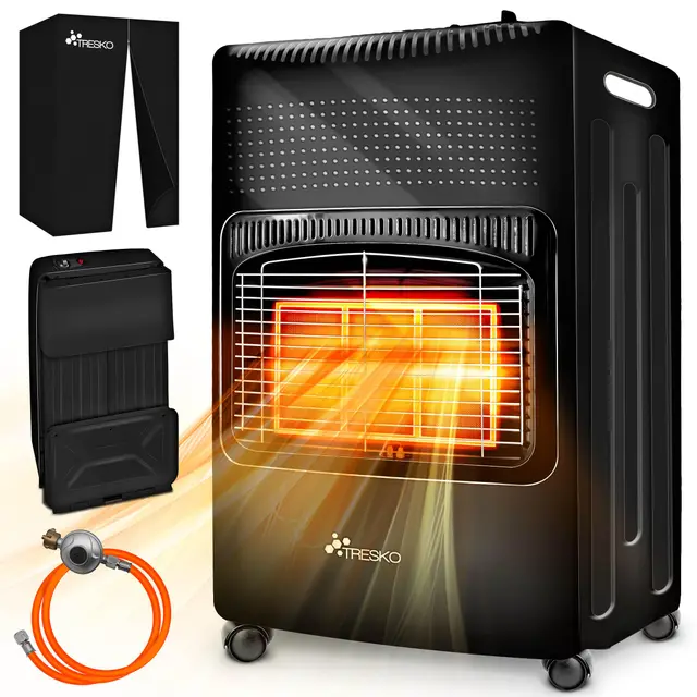TRESKO Chauffage au gaz portable 4200 W pour intérieur avec régulateur de pression, tuyau et housse de protection | 3 niveaux de chauffage réglables | Appareil de chauffage mobile