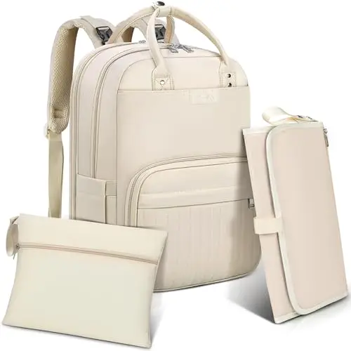 RAINSMORE Sac a Langer Bebe Grand Sacs à Dos à Langer avec 1 Matelas à Langer et 2 Sangles de Poussette Sac à Langer avec Sac Isotherme Unisexe Blanc