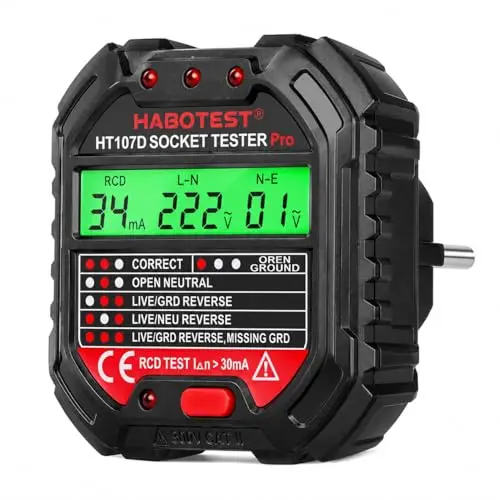 VOBOR Testeur de Prise Electrique avec Test RCD, Automatique 6 Types de Diagnostic d'Erreur, Testeur de Circuit Electrique Courant pour Détectez Erreurs des Câblages, 90-250V/45-65Hz, CAT ll 300V