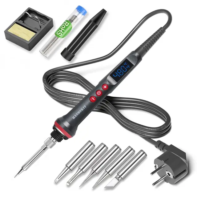 HANDSKIT Fer à Souder Précision 90W, Température Réglable de 180 à 480℃, Fer à Souder LED Électronique, 5 Pointes de Soudure, Support et Fil de Soudure pour DIY, Fer à Souder Étain et Électrique